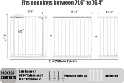 Extra Wide Baby Gates - 71.6-76.4 Inch, Heavy Duty Baby & Pet Safety Gate, White Metal, Tension Mounted Child & Pet Gates for Stairs & Doorways