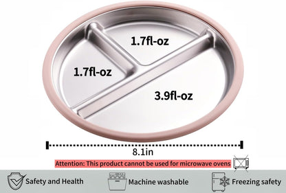 3Pack Stainless Steel Kids Plates, 8.1" Divided Toddler Plates with Removable Silicone Suction Sleeves for Baby Highchairs, Non Toxic BPA Free Non-Slip Unbreakable Snack Lunch Plate