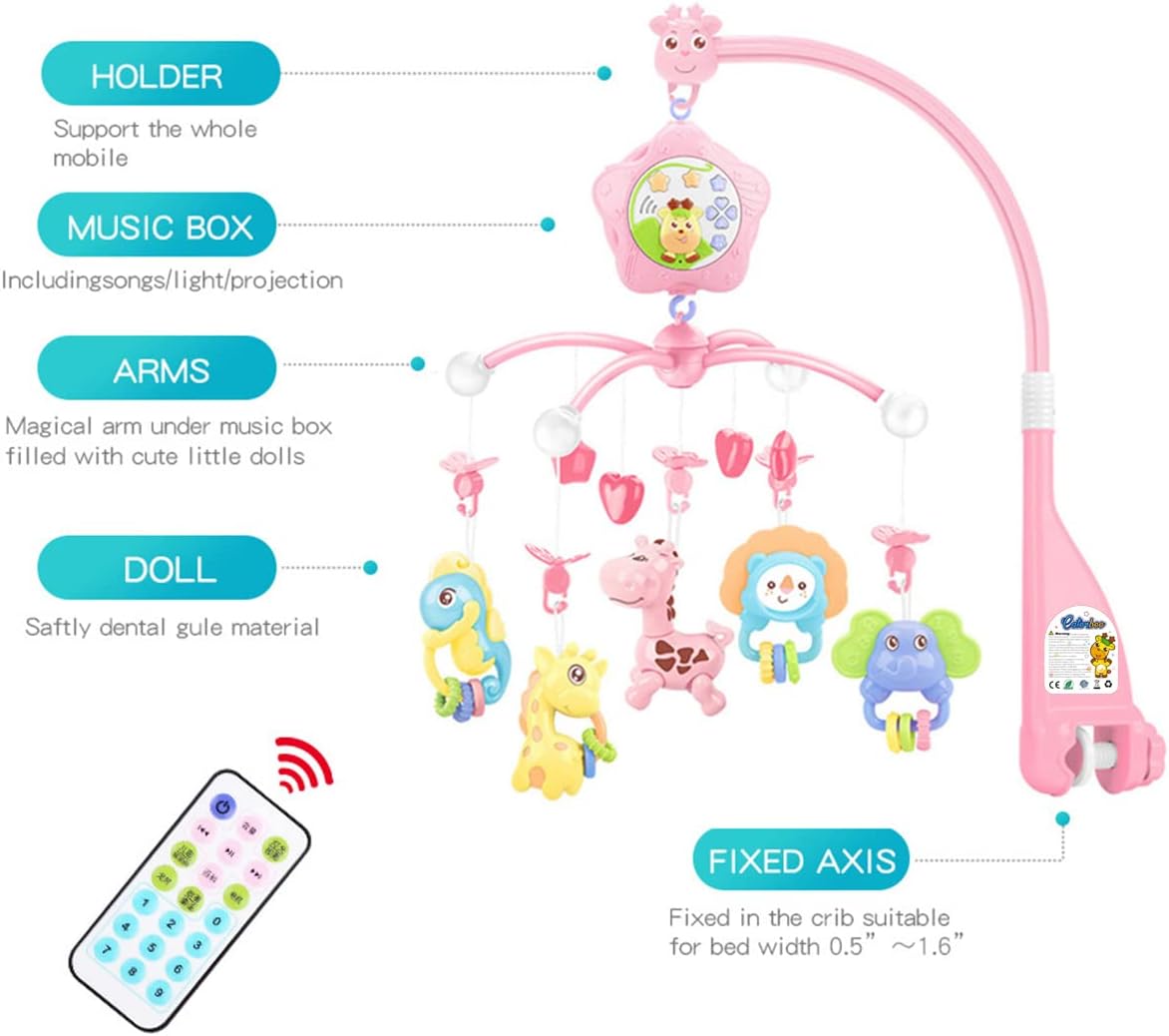 caterbee Baby Crib Mobile for Pack and Play, Crib Toys with Light and Musicial, Remote,Projector for Ages 0+ Months (Pink-Forest)