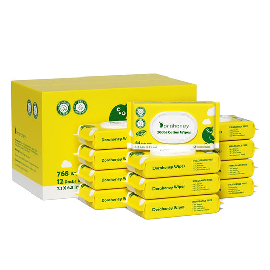 100% USA Cotton Baby Wipes for Sensitive Skin, 99% Purified Water Unscented Wet Wipes, Hypoallergenic & Plastic-Free, 768 Count (12 Flip-Top Packs of 64)