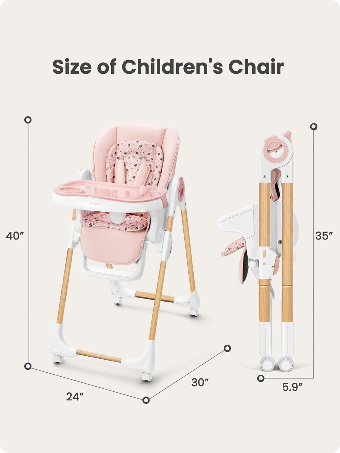Foldable High Chair with Soft Cushion, High Chairs for Babies and Toddlers, Height Adjustable