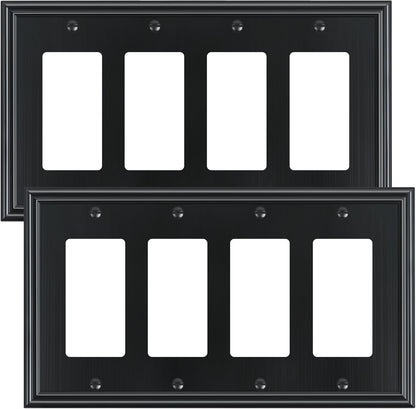 2-Pack Quad Decorator Outlet Cover Plate, Zinc Alloy Decorative Black Switch Plates and Outlet Covers, 4 Gang Wall Plates for Electrical Outlets, Receptacle, GFCI Outlet, Dimmer Switch