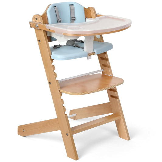 Cowiewie Natural Wooden High Chair for Babies & Toddlers 3-Tier Remove & Adjustable Tray, 8
