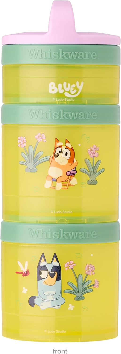 Whiskware Bluey Stackable Snack Containers for Kids and Toddlers, 3 Stackable Snack Cups for School