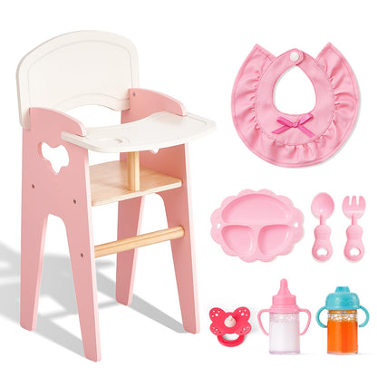 Giant bean Wooden Baby Doll High Chair with Feeding Set for 18 Inch Dolls