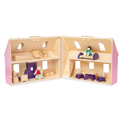 Melissa & Doug Fold & Go Wooden Dollhouse with 2 Dolls and 11 Pieces of Furniture - Portable Mini