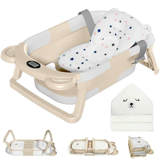 MoreFeel Collapsible Baby Bathtub for Newborn with Thermometer & 1 Hooded Towel & 1 Soft Floating