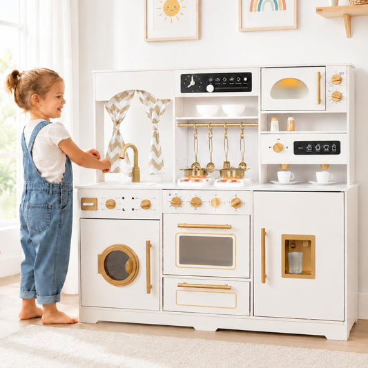 Wooden Play Kitchen Set with Ice Maker, Water Dispenser, Coffee Maker,Big Toddler Toy Kitchens
