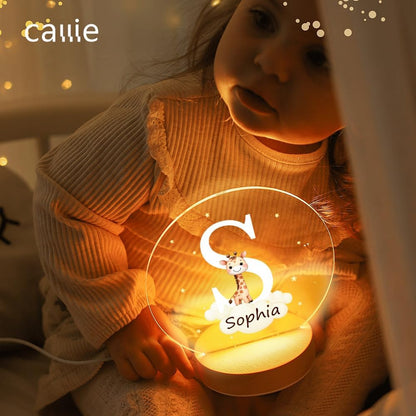 callie Acrylic Night Light Name Plate Personalized, Custom Cute Forest Animals with Wooden Base Bedroom Decor, Birthday Gifts Christmas Gifts for Family