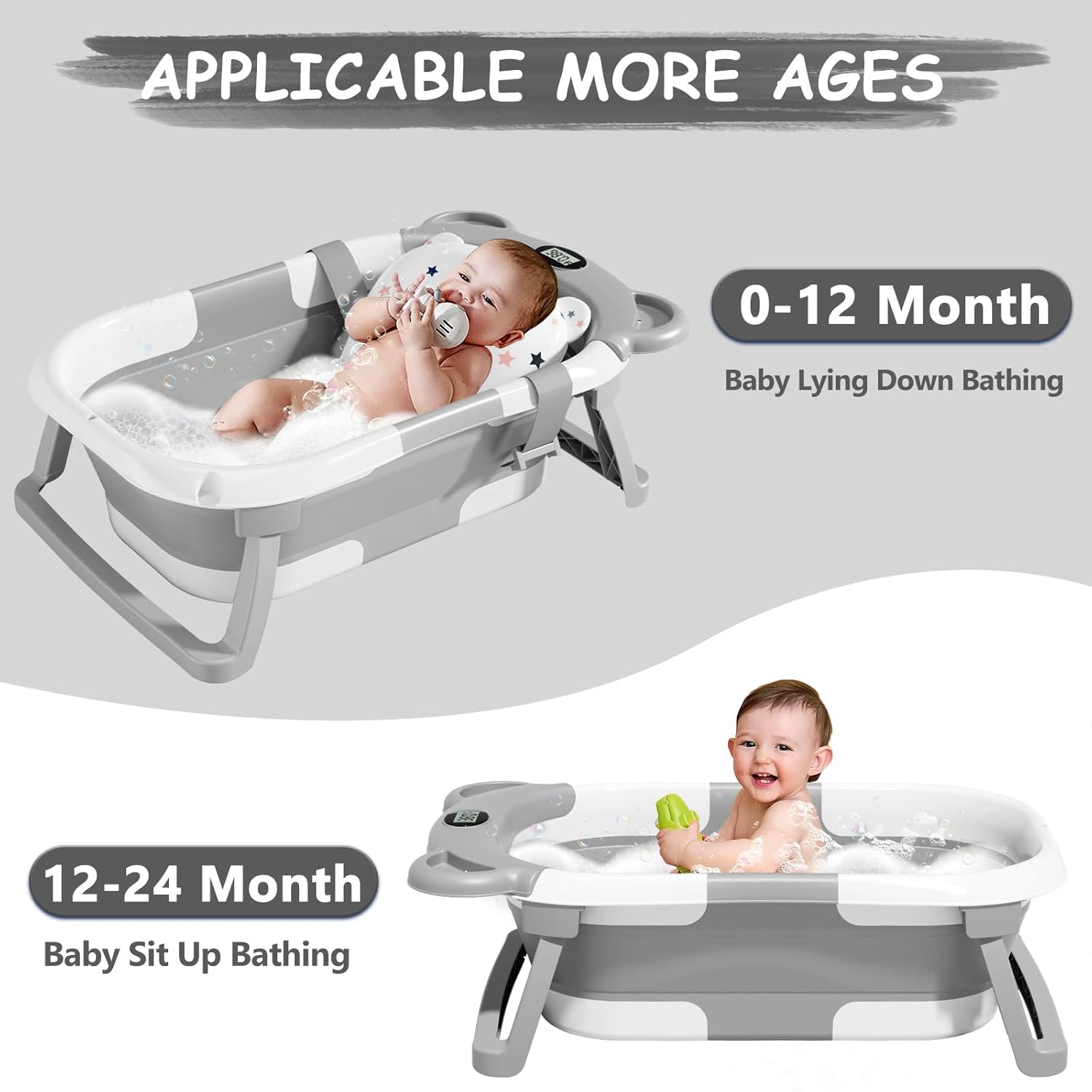 TPN Collapsible Baby Bathtub, Baby Bath Tub with Soft Cushion & Real-Time Thermometer, Baby Bathtub