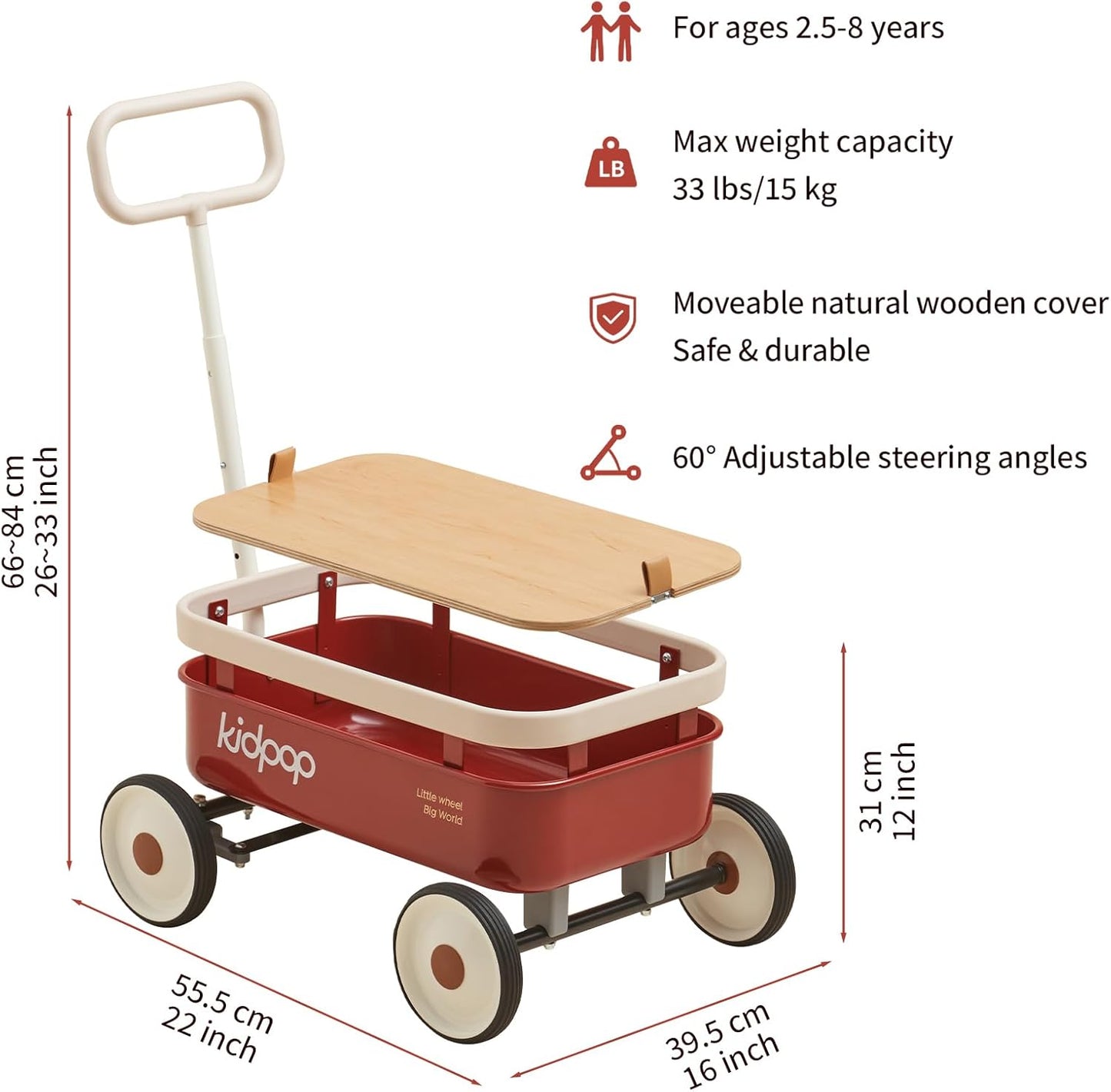 kidpop PULA-Wild 3-in-1 Kids' Pull-Along Wagon Toddlers Push Walker for 2.5-8, Removable Wooden Cover and Adjustable Handlebar, Birthday Gifts Max Weight 33 lbs (Red)