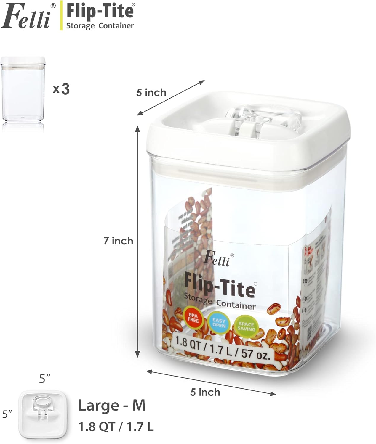 Felli Flip Tite Food Storage Containers With Lid 5" LARGE Airtight Ring Lock Flip Top, Square