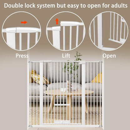40.55" Tall 1.37" Ultra Narrow Spacing 57.68-73.43" Extra Wide Dogs Pets Baby Gate with Cat Door for Doorway Safety Proof Indoor Puppy Pressure Mounted No Drill White Black Metal Hallway
