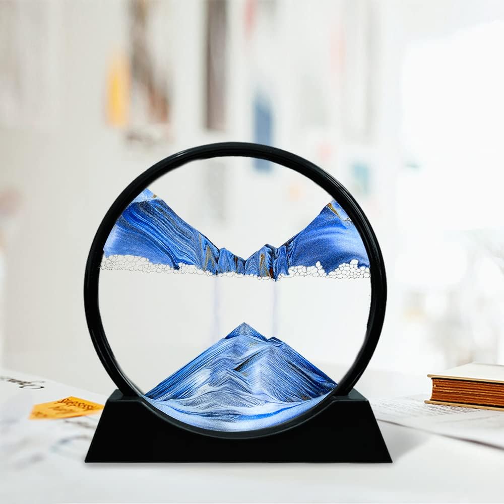Aoderun Moving Sand Art Picture Round Glass 3D Deep Sea Sandscape in Motion Display Flowing Sand Frame Relaxing Desktop Home Office Work Decor (12", New blue)