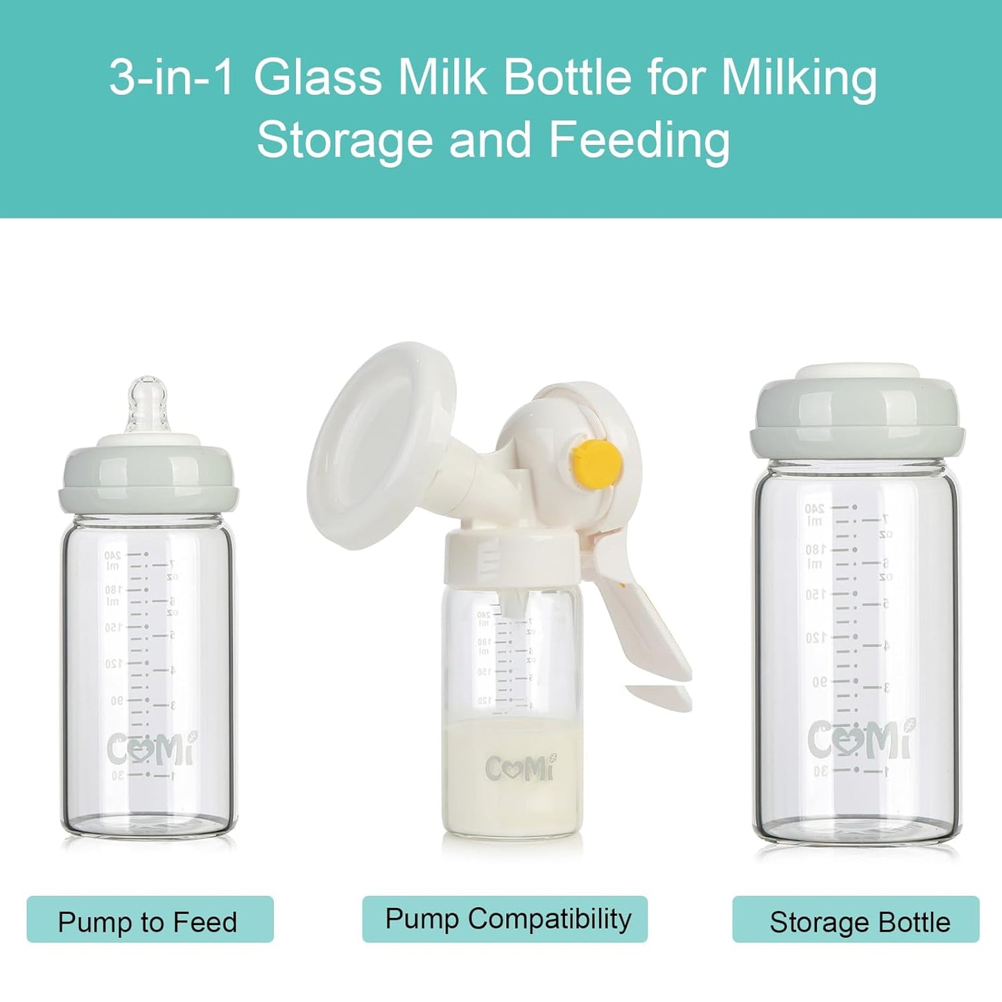 COMI Wide Neck Glass Breastmilk Collection n Storage Bottle, 8oz with Screw Ring Sealing Disk;