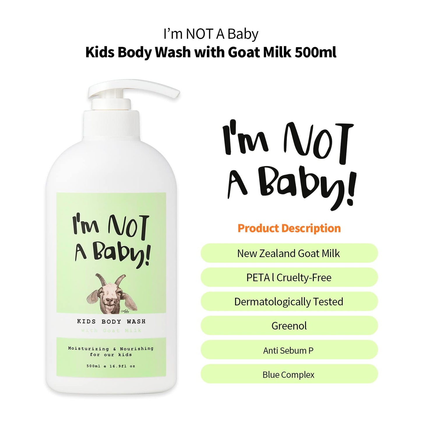 I'm NOT A Baby! Kids Body Wash– Dermatologist Tested, Allergen free, Cruelty-free, PETA, Gentle for
