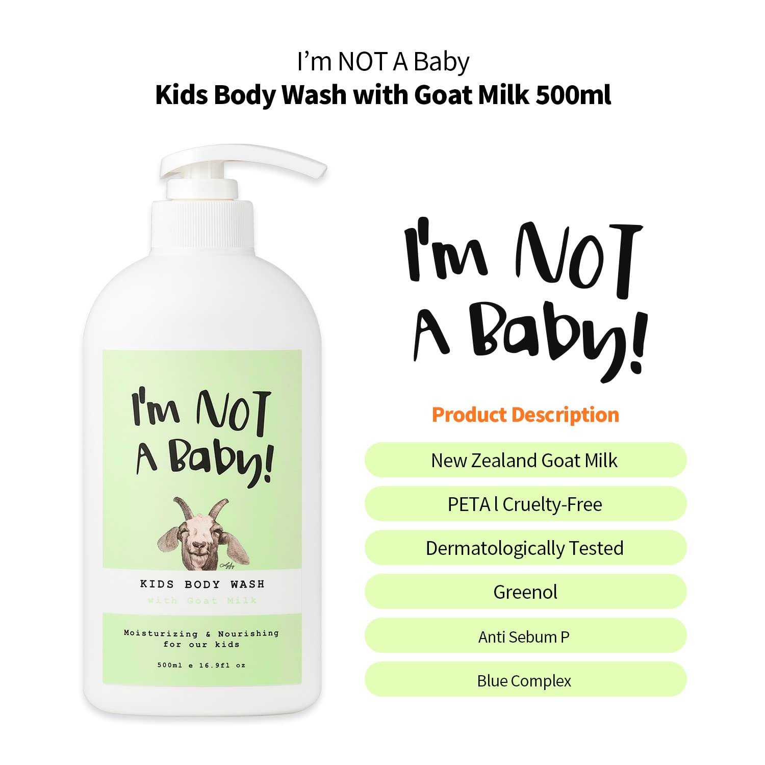 I'm NOT A Baby! Kids Body Wash– Dermatologist Tested, Allergen free, Cruelty-free, PETA, Gentle for