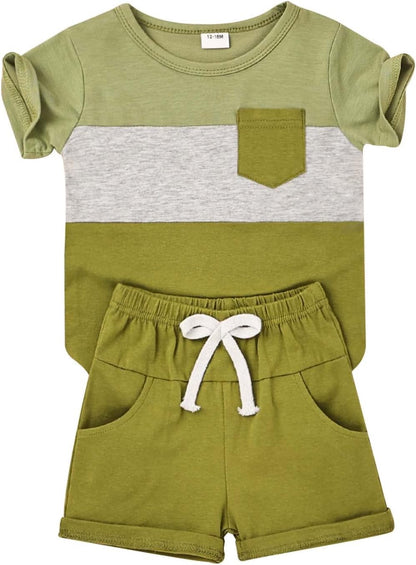 Baby Boy Clothes Toddler Boy Summer Outfits Short Sleeve Patchwork Top T-shirt & Pocket Pant Set 2 Piece 12 Months-4T