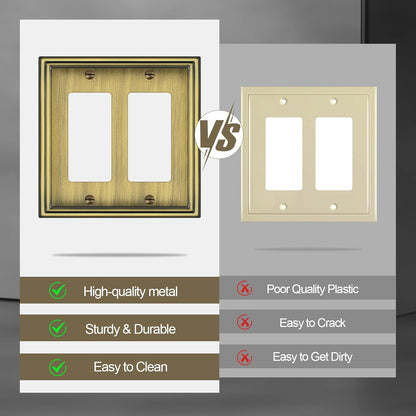 Double Decorator Switch Covers Wall Plate, Antique Brass Decorative Rocker Switch Plates Outlet Covers for Receptacle, GFCI Outlet, Dimmer - Classic Style, 3 Pack