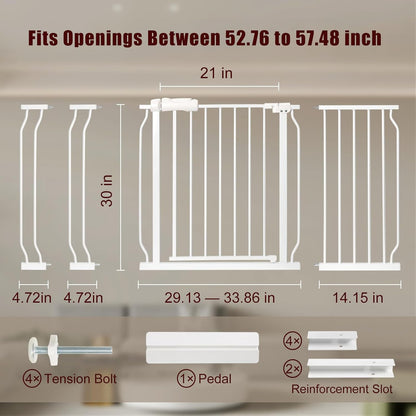 Extra Wide Baby Gate 52.76-57.5 Pressure Mounted,Child Dog Pet Safety Gates with Walk Through Door for Doorways Stairs No Drilling in Door,White