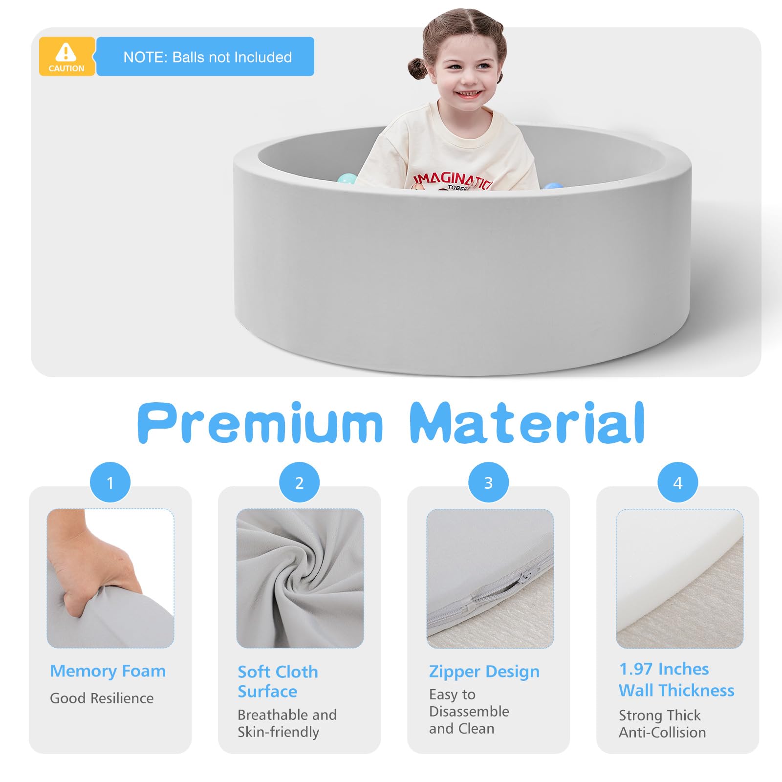 SHJADE Foam Ball Pit, 47.2"x 13.8" Large Ball Pits for Toddlers-Grey