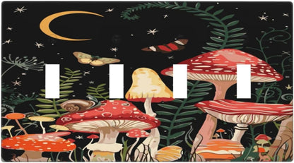 Moon Star Red Mushroom Forest Butterfly Green Plant Light Switch Covers Quad Toggle Electrical Faceplate 4 Gang Wall Plate Decorative Switch Plates for Kids Room Home Decor