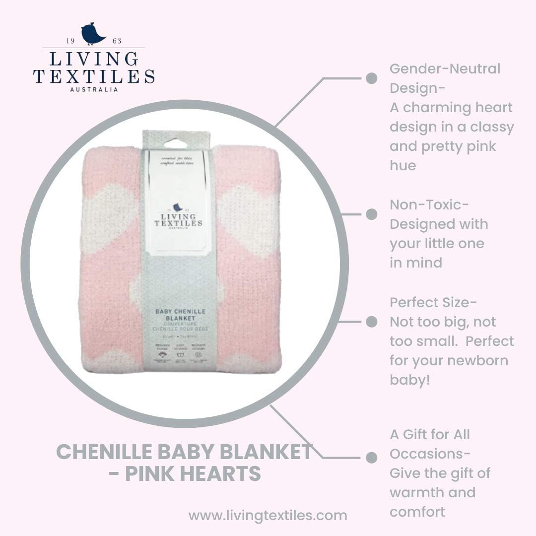 Living Textiles Pink Hearts Chenille Soft Baby Blanket Reversible Premium Cozy Fabric for Best