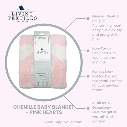 Living Textiles Pink Hearts Chenille Soft Baby Blanket Reversible Premium Cozy Fabric for Best