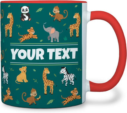 Personalized Mug for Kids - Zoo Animals - Custom Name/Text, Ceramic Hot Chocolate/Cocoa/Coffee Cup for Boys/Girls, Birthday/Christmas/Holiday Gift - 11 oz, Red Handle