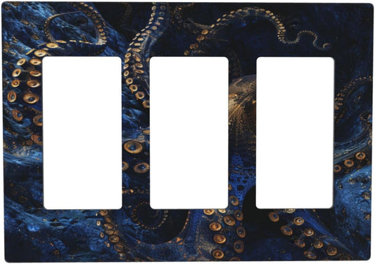 Decorative Outlet Covers Horror Night Blue Ocean Evil Octopus 3 Gang Wall Plate Triple Rocker Light Switch Cover Plate Jumbo Electrical GFCI Faceplate for Bathroom Home Decor