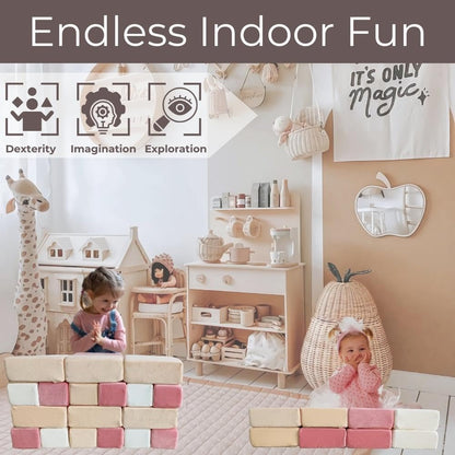 Wonder Space Plush Foam Blocks - Nursery Building & Stacking Toys for Toddlers Boys & Girls, Soft Smooth Velvet Cover, Early Education Gross Motor Skills & Brain Development (24 Bricks, Soft Blush)