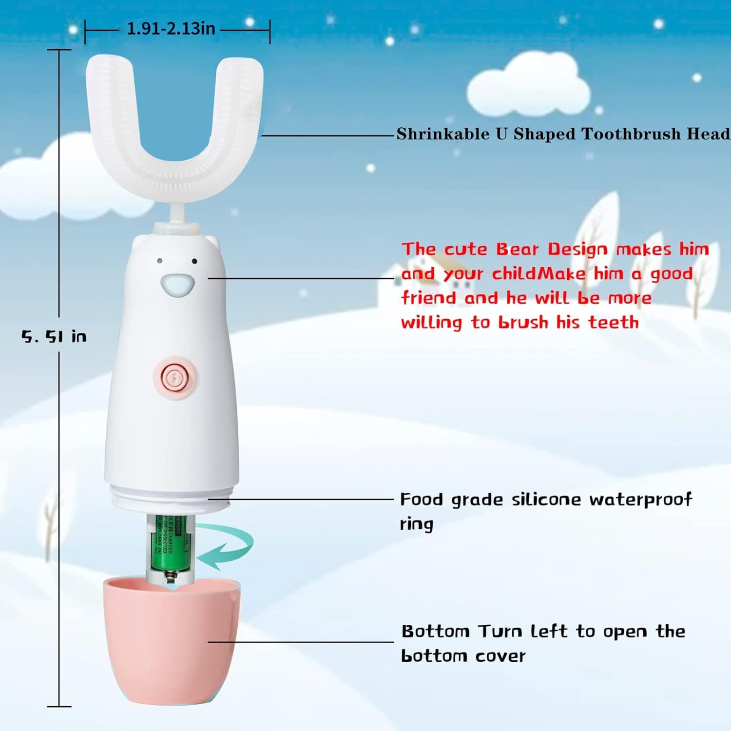 Kids Electric Toothbrush，U Shaped Toothbrush Waterproof Battery Powered 360 Automatic Sonic Toddler