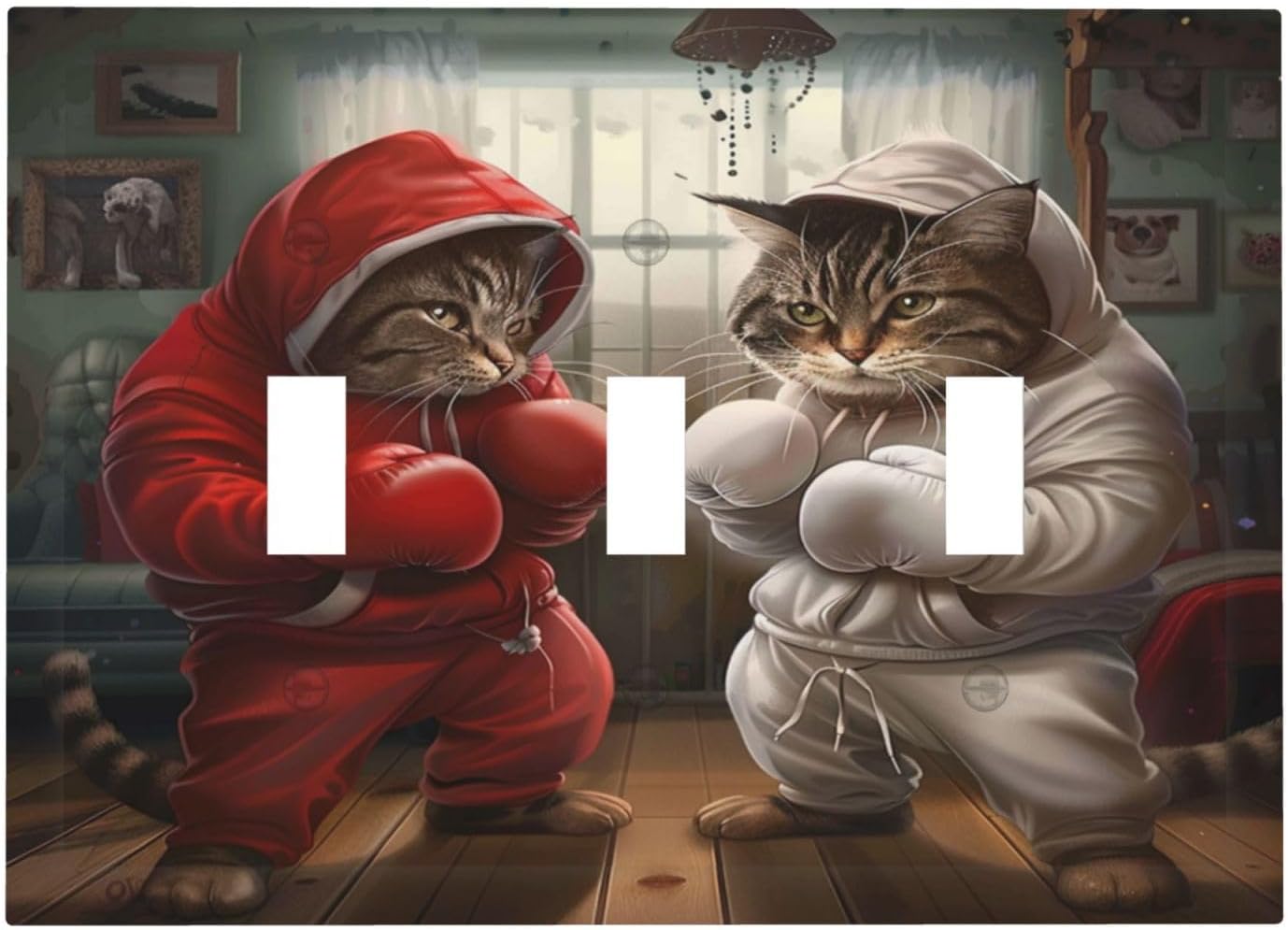 Decorative Switch Covers Plate Funny Red Boxing Cats White Tomcat 3 Gang Artistic Wall Plate Unique Triple Toggle Light Switch Plate Jumbo Faceplate for Bedroom Home Decor