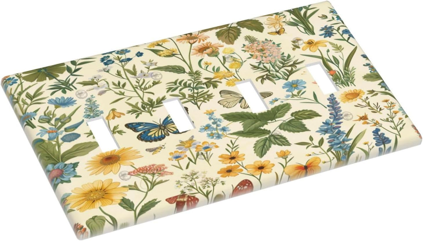 Decorative Switch Covers Plate Rustic Plant Garden Leaf Flower Butterfly 4 Gang Artistic Wall Plate Unique Quad Toggle Light Switch Plate Jumbo Faceplate for Bedroom Home Decor
