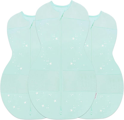 Happiest Baby Sleepea 5-Second Swaddle - 100% Organic Cotton Baby Swaddle Blanket - Doctor Designed Promotes Healthy Hip Development - 3-Pack Bundle (Teal Stars, S, M, L)