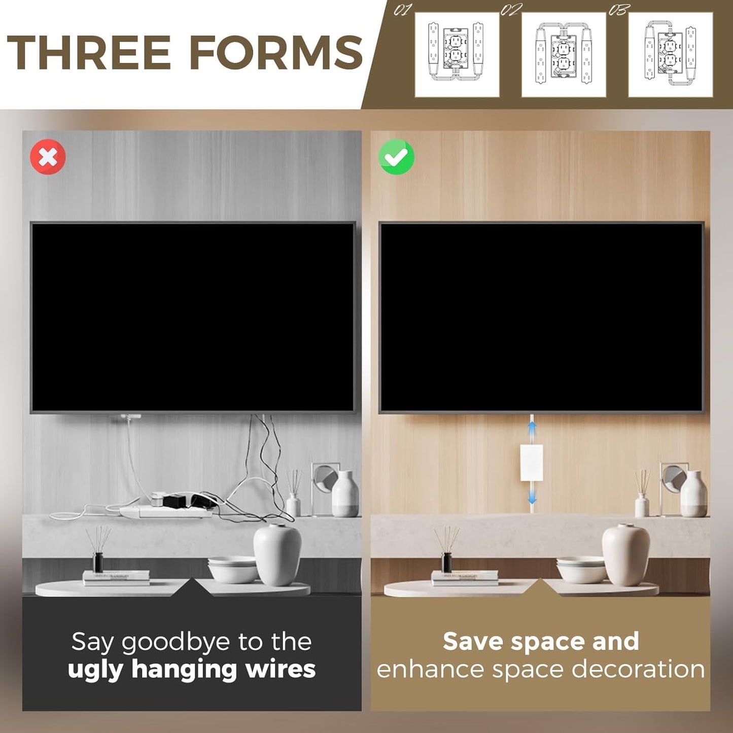 Outlet Concealer Power Strip-Outlet Cover Extender with 3AC Outlets-5ft Flat Plug Extension Cord,Universal Size,1625W for Kitchen, Home and Office,Child & Pet Safe(Dual 5 Foot)