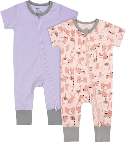 Teach Leanbh Baby Boys Girls 2 Pack 2 Way Zipper Footless Pajamas Cotton Short Sleeve Printing Romper Sleep and Play