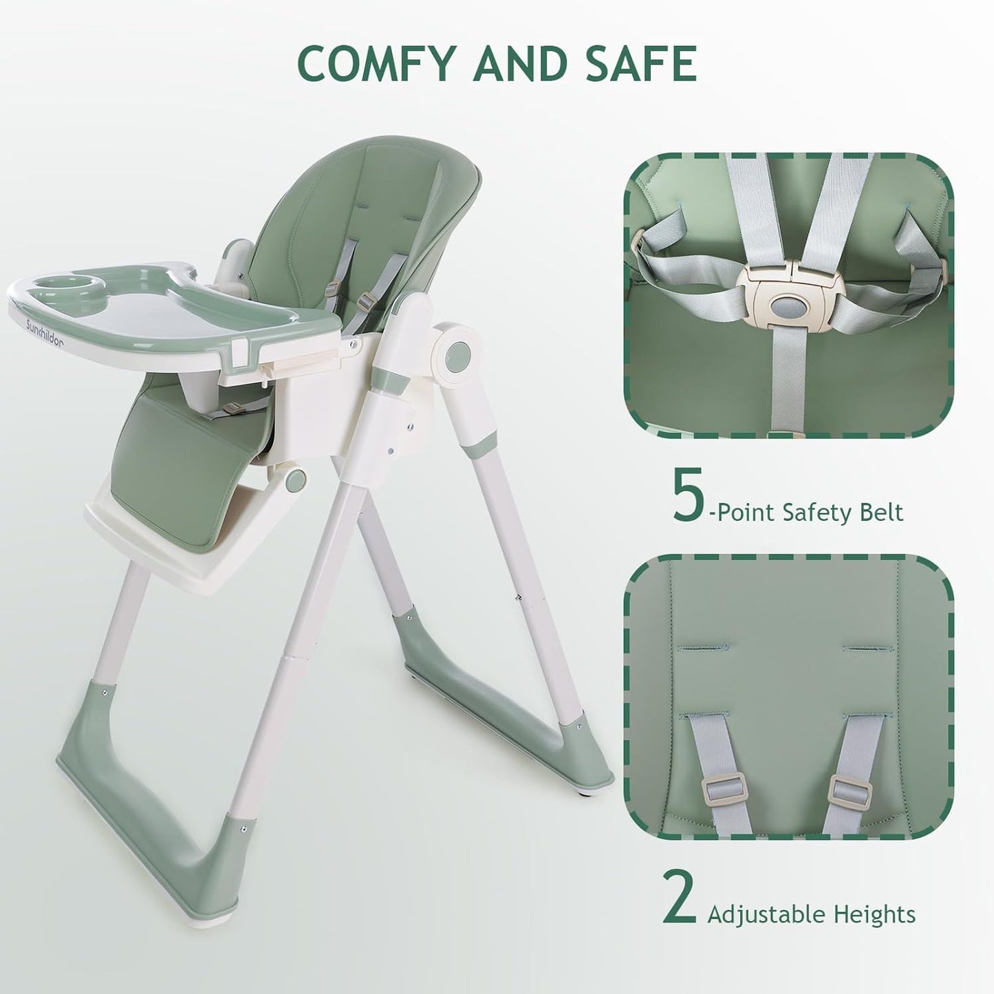 3 in 1 Baby High Chair with Wheels, Adjustable 5 Point Harness, Tray, Foot Rest, Backrest and Seat