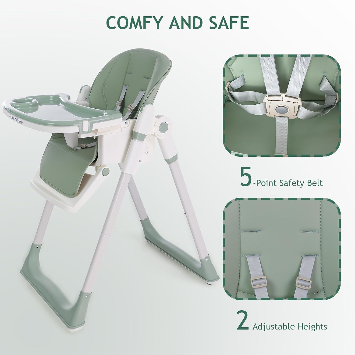 3 in 1 Baby High Chair with Wheels, Adjustable 5 Point Harness, Tray, Foot Rest, Backrest and Seat