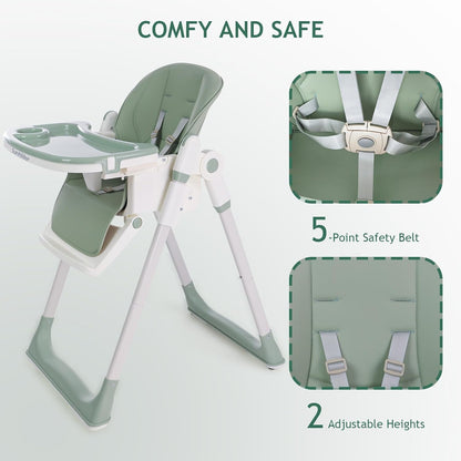 3 in 1 Baby High Chair with Wheels, Adjustable 5 Point Harness, Tray, Foot Rest, Backrest and Seat