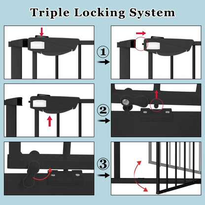 WAOWAO Triple Lock Baby Gate Extra Wide 35.04-38.97" Pressure Mounted Walk Through Swing Auto Close Safety Black Metal Dog Pet Puppy for Stairs