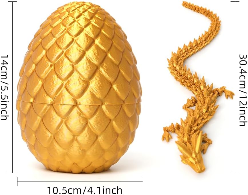 Dragon Egg - Gold - 3D Printed Egg with Flexible Pearly Sheen Dragon Inside, 3D Printed Surprise Gift, Articulated Dragon Egg Fidget Toy, Dragon Figurine Decor
