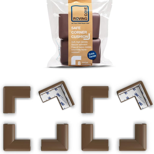 Roving Cove Slim-Fit Corner Protector for Baby Proofing (8 Small Corners), Soft Rubber Foam Furniture Corner Bumper Guards, 3M Adhesive Pre-Taped, Coffee Brown