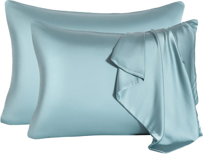 2 Pcs Mulberry Silk Pillowcase for Hair and Skin,Cooling Silk Pillow Case with Hidden Zipper,Allergen Proof Dual Sides Soft Breathable Smooth Silk Pillow Cover for Women(Queen-2PCS,Aqua Blue)