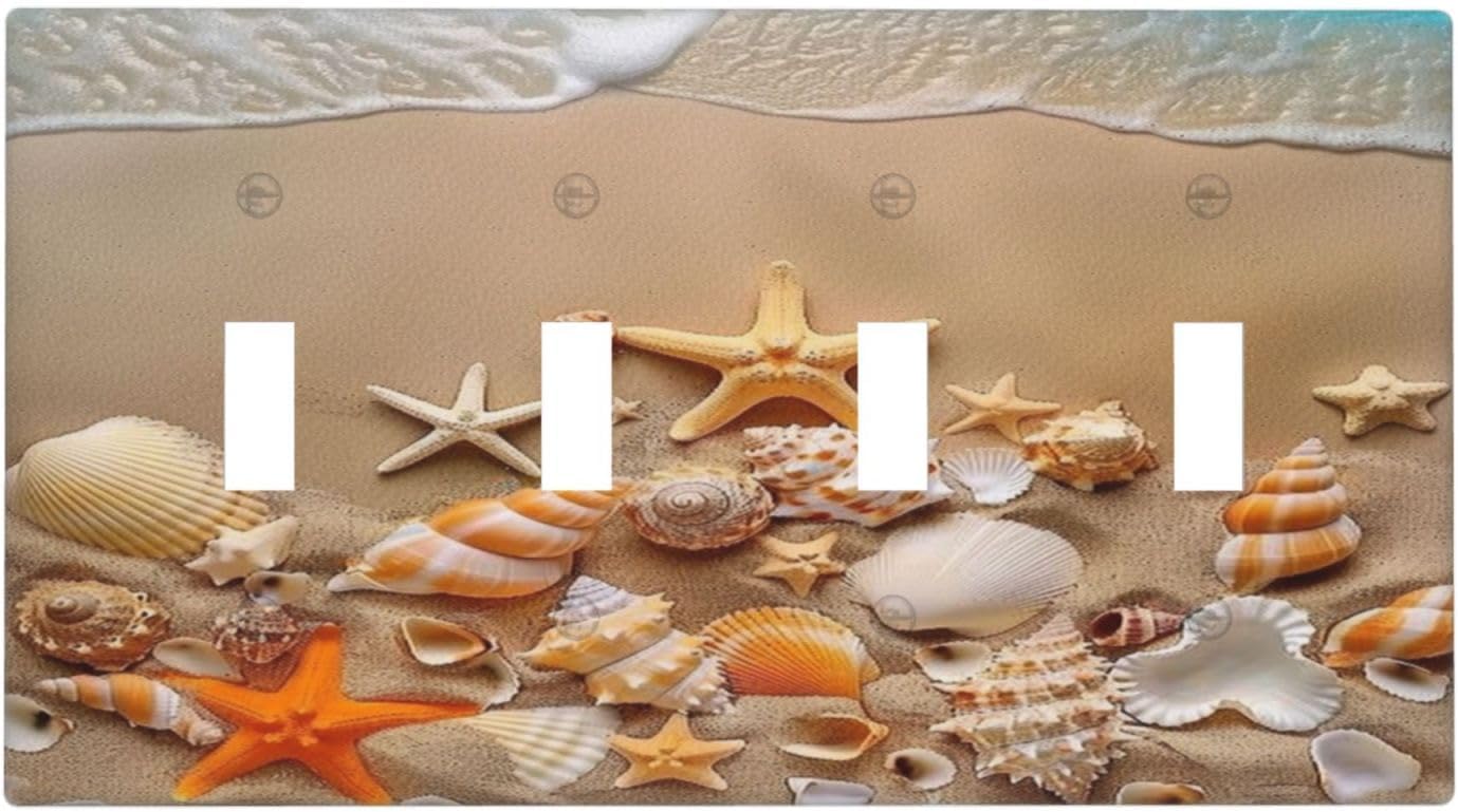 Decorative Switch Covers Plate Beachy Sea Ocean Seashell Starfish 4 Gang Artistic Wall Plate Unique Quad Toggle Light Switch Plate Jumbo Faceplate for Bathroom Bedroom Home Decor