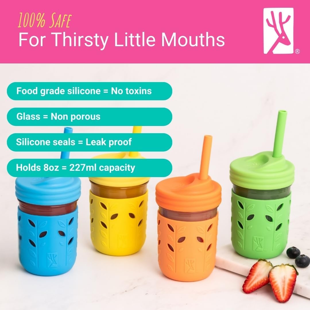 Elk and Friends Kids & Toddler Cups | The Original Glass Mason jars 8 oz with Silicone Straws with