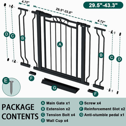 Fairy Baby 29.5"-43.7" Extra Wide Baby Gate for Dog, Pressure Mounted Pet Gate for Stairs & Doorway, Dog Barrier for Home Indoor, Kids Puppy Cat Gate, Metal Child Safety Proof Garden Gate, Black