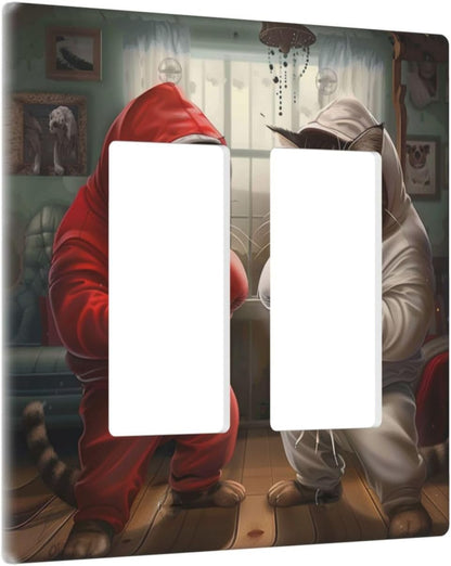 Decorative Outlet Covers Funny Red Boxing Cats White Tomcat 2 Gang Wall Plate Double Rocker Two Switch Wall Cover Plate Light Switch Cover Plate Faceplate for Bedroom Home Decor