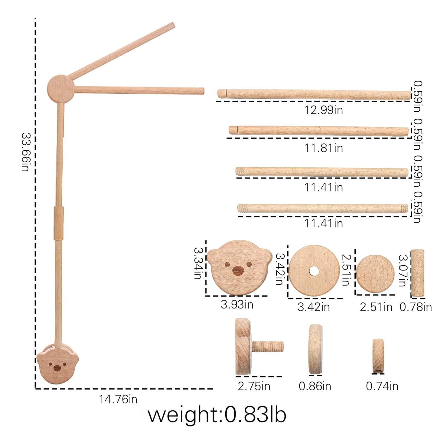 Wooden Crib Mobile Arm | Crib Mobile Holder | Nursery Mobile Hanger Cartoon Bear | Rotatable Height Adjustable Hanging Fits Wide or Thick Railings Baby Shower Gift Nursery Decoration