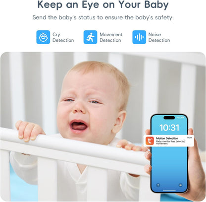 Baby Monitor with Camera and Audio, 2K HD Smart Video Baby Camera WiFi 5" Screen, Night Vision, Temp Humidity Sensor, 2 Way Talk, Lullaby, Sleep Mode, Cry Detection, 1000ft Range, App Control